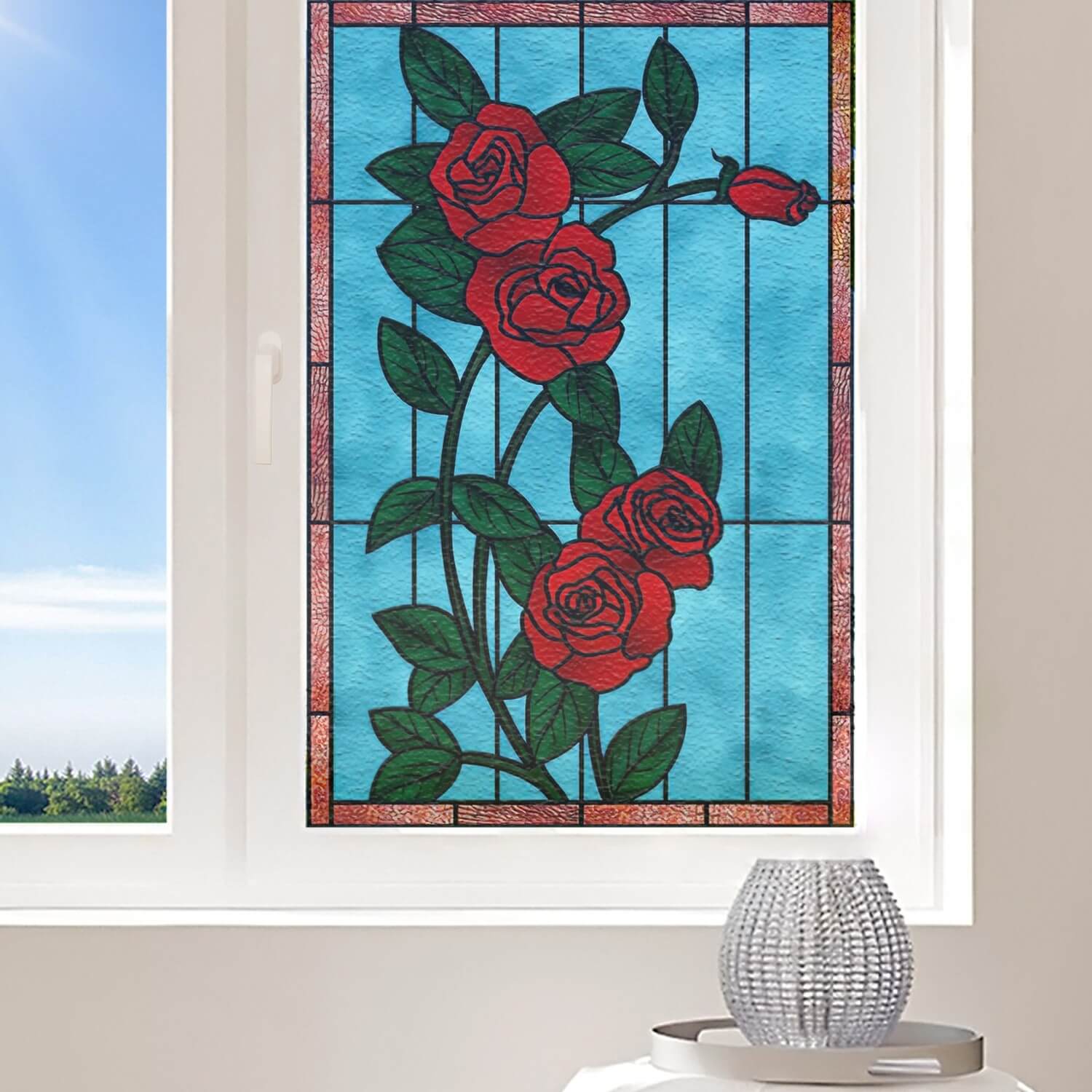 Film électrostatique décoratif pour vitrage fleurs de rosier rouges