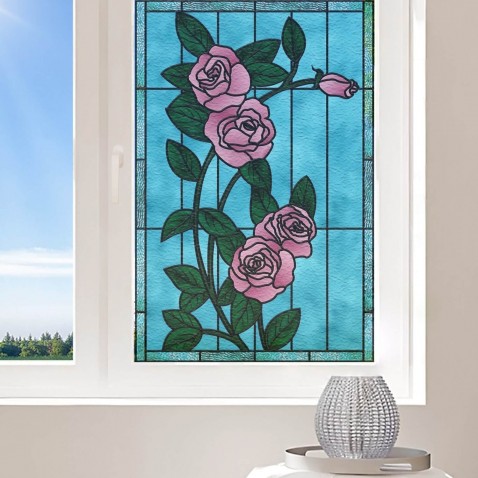 Film électrostatique décoratif pour vitrage fleurs de rosier roses