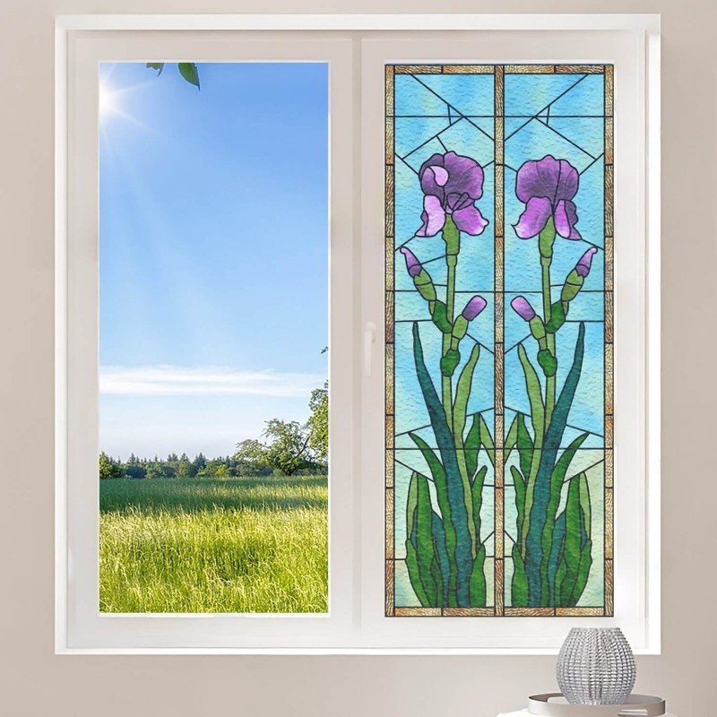 Sticker électrostatique pour vitre, effet vitrail floral et typique,  électrostatique pour fenêtre, teintes vertes, rouges et jaunes, 23 cm X 67  cm